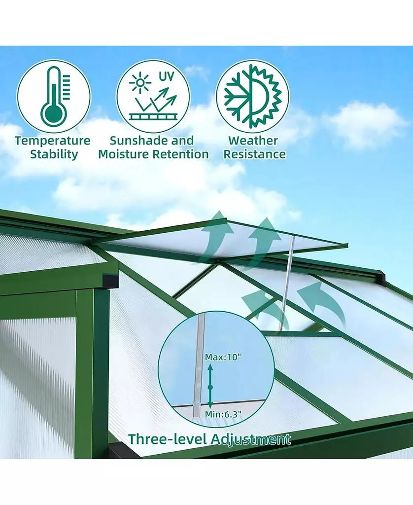 gaomon Walk-In house, Polycarbonate Panels, Adjustable Roof Vent 
Sliding Door, Aluminum Frame, Garden 
Patio 6