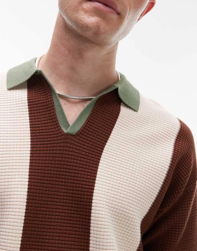 Topman Topman colour block knitted revere polo in sage & neutral 4