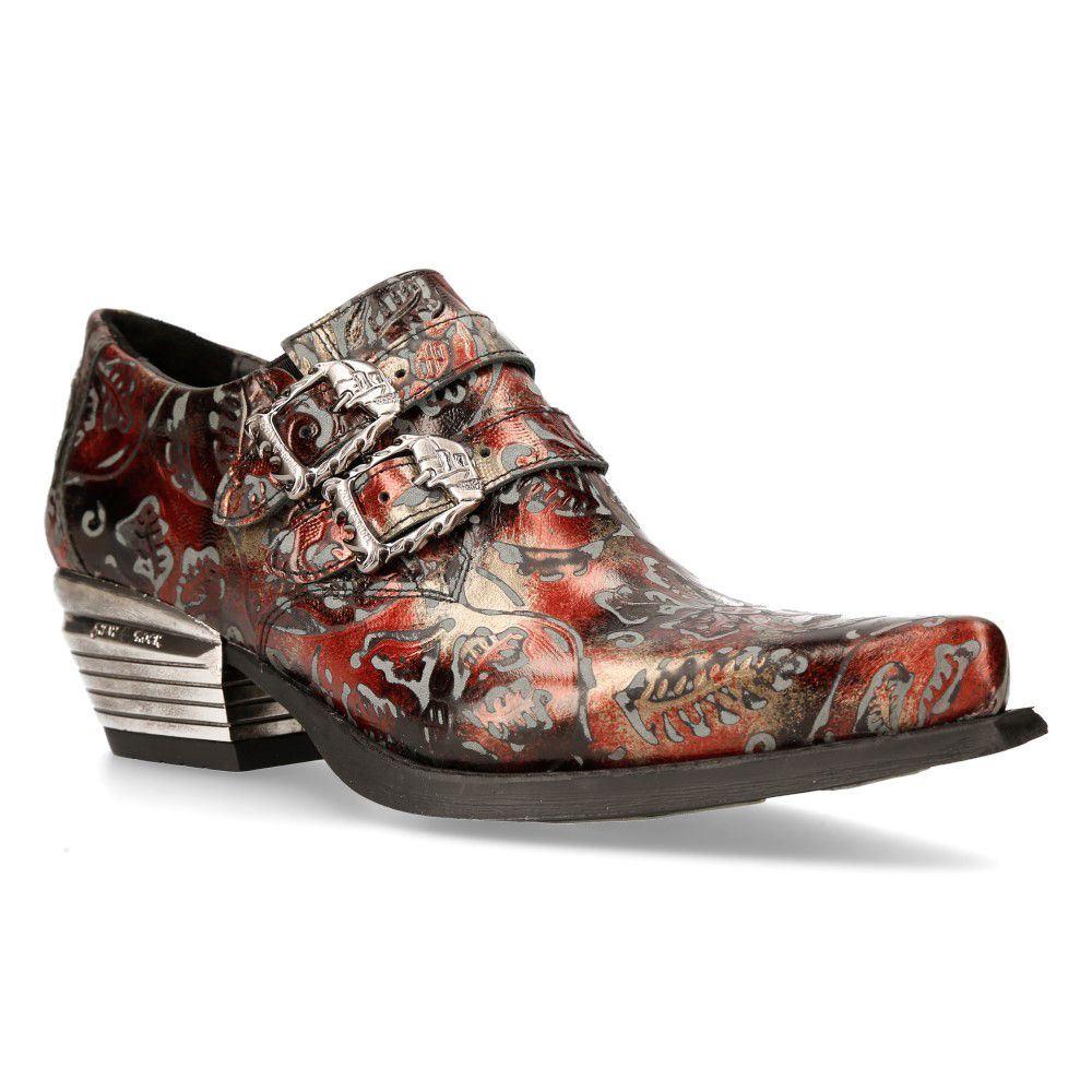 NewRock Embossed Black/Red Leather Buckled Shoes-7960-S5