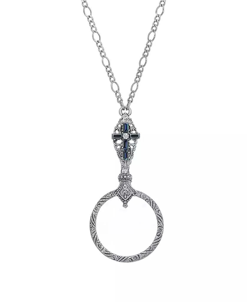 Symbols of Faith Pewter Dark Blue Crystal Cross Magnifier Necklace