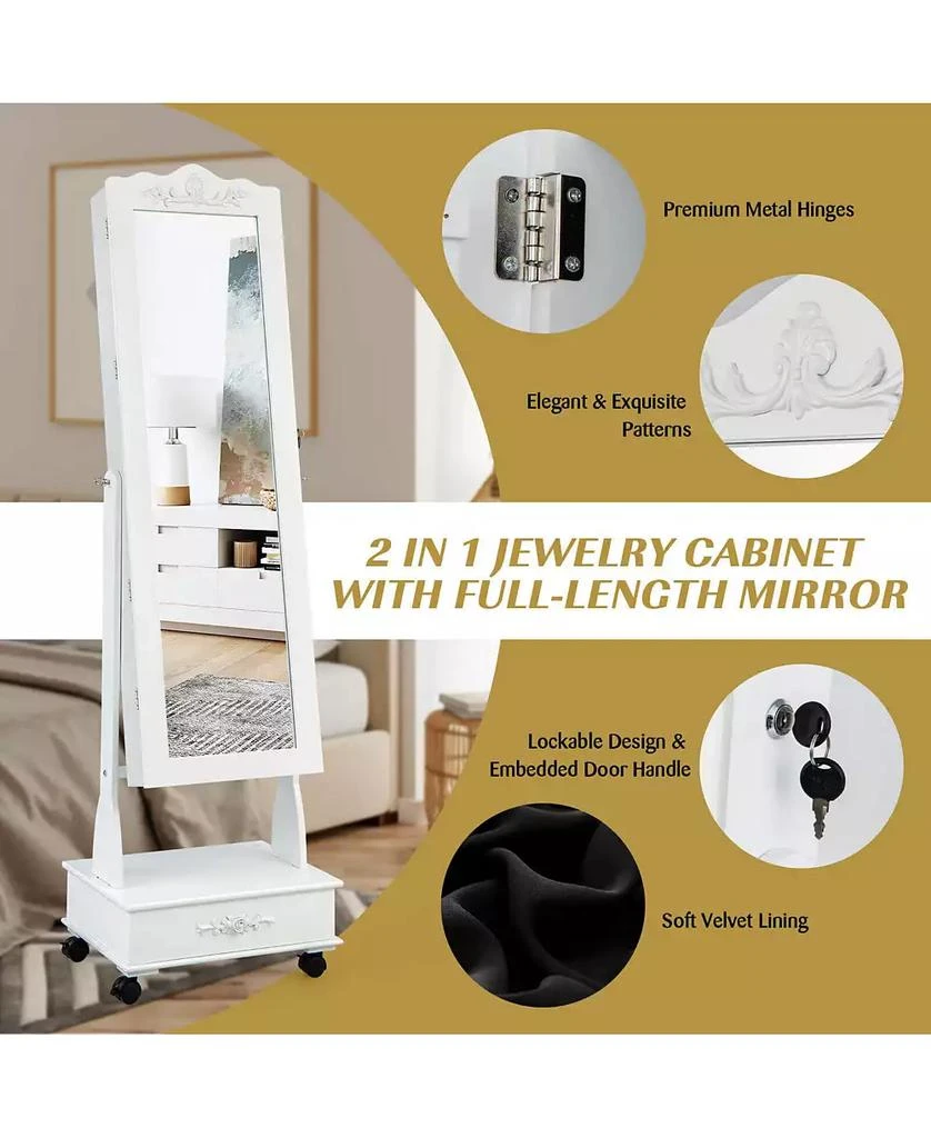 GOUUN Rolling Floor Standing Mirrored Jewelry Armoire with Lock and Drawers 10