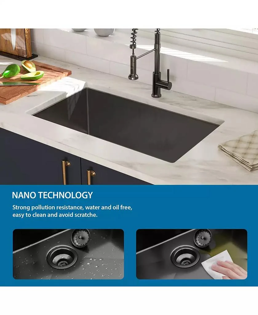 Flynama 30x18x10inch Gunmetal Black Undermount Kitchen Sink Single Bowl Stainless Steel 16 Gauge 5