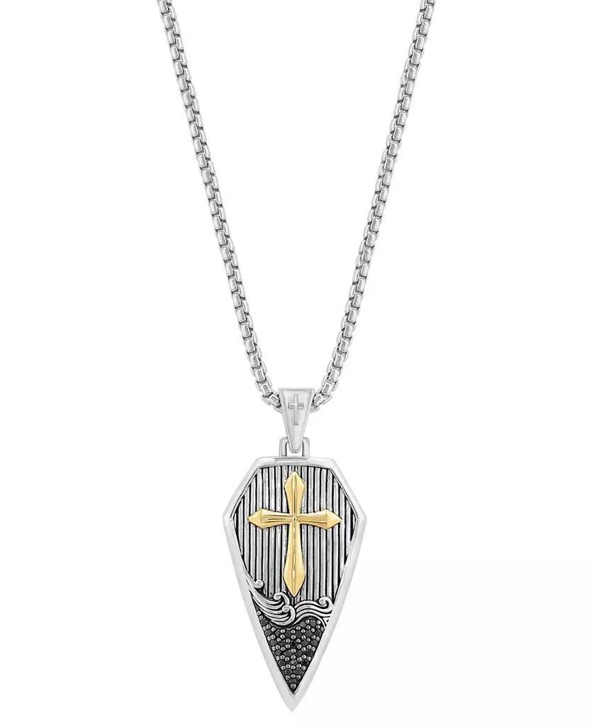 Effy EFFY® Men's Black Zircon (1/8 ct. t.w.) Cross Shield 22" Pendant Necklace in Sterling Silver & 18k Yellow Gold Over Sterling Silver 3