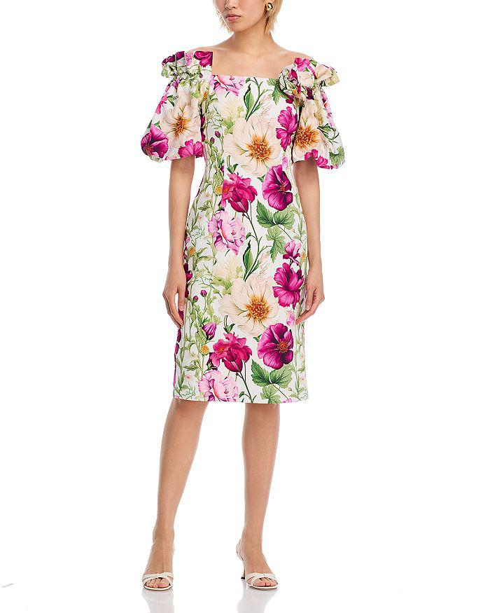 Teri Jon Off-the-Shoulder Cotton Floral Balloon Sleeve Dress