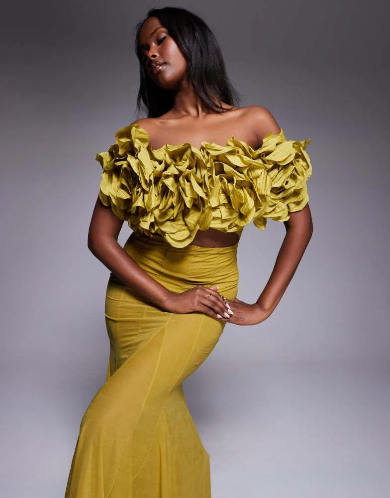 Shop ASOS DESIGN Premium off shoulder flower detail maxi dress in olive on  Sale at BeyondStyle  Get 65% Off ASOS DESIGN Premium off shoulder flower  detail maxi dress in olive with