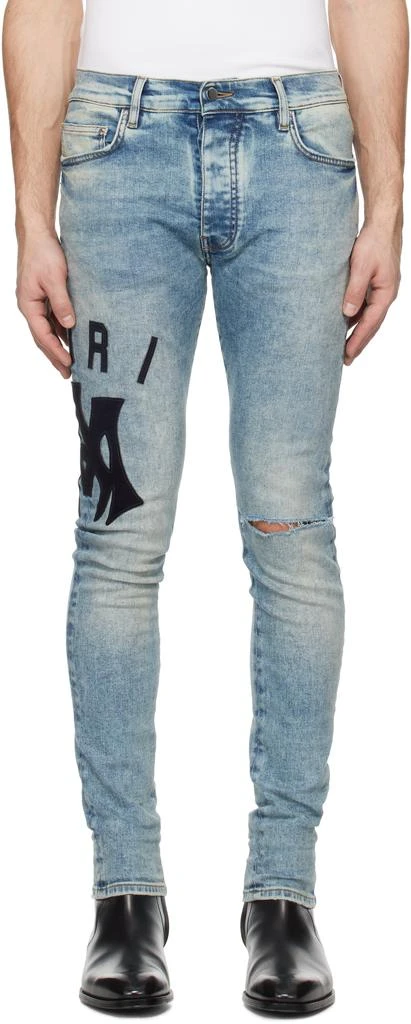 AMIRI Blue Suede Applique Logo Skinny Jeans 1