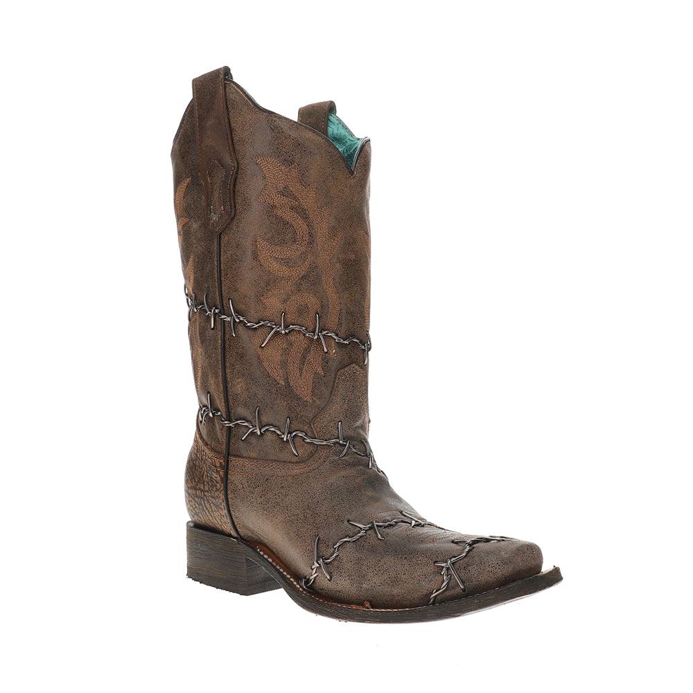Corral Boots Brown Woven Barbed Wire Square Toe Rodeo Cowboy Boots