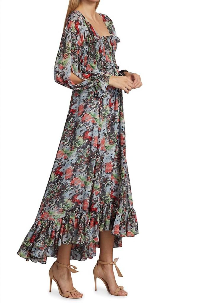 Cinq a Sept Leigh Floral Square Neck Long Sleeve Smocked Maxi Length Dress Multi In Floral/multi