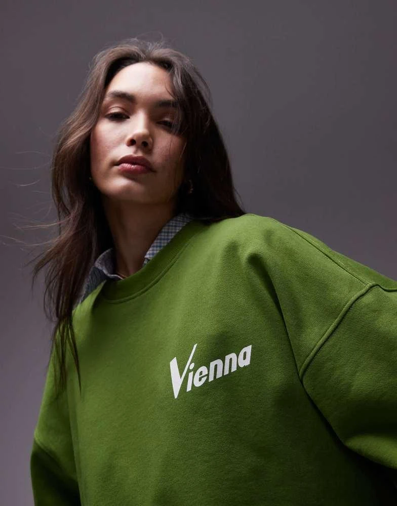 Topshop Topshop slogan Vienna oversized sweatshirt in dark green 4