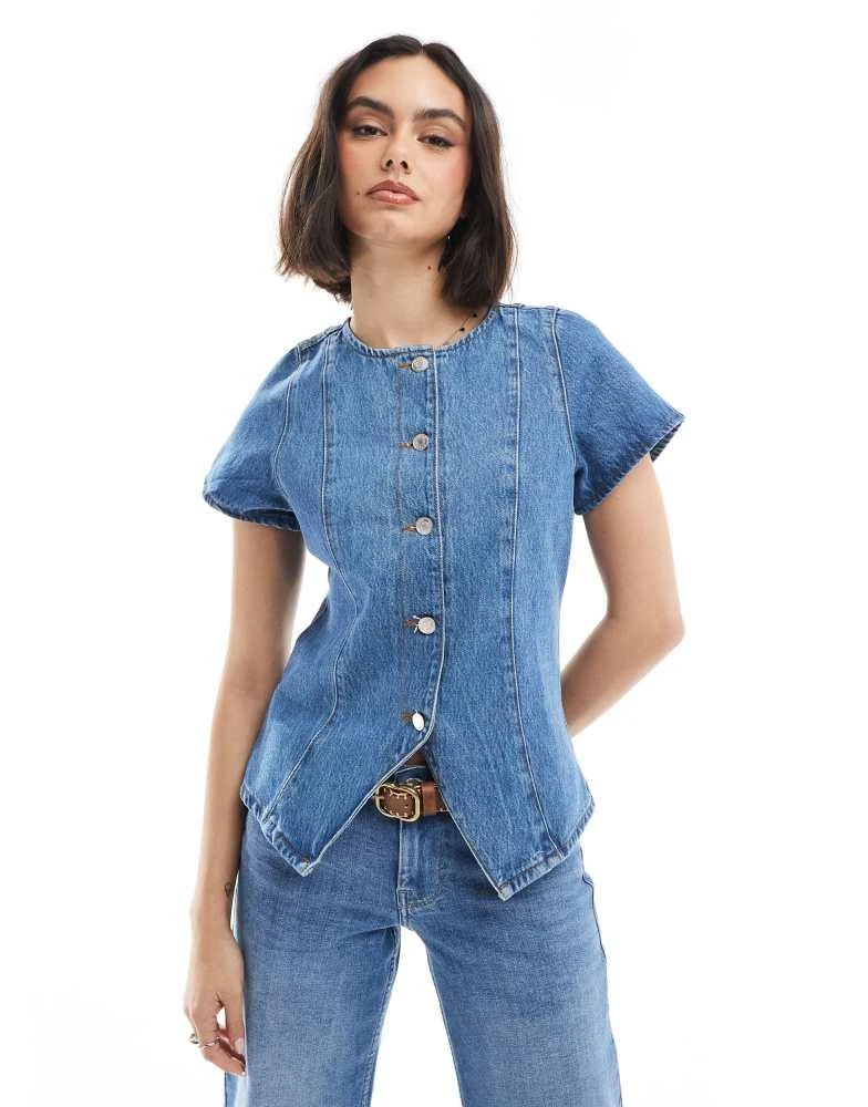 ASOS ASOS DESIGN denim button up short sleeve top in mid blue 1