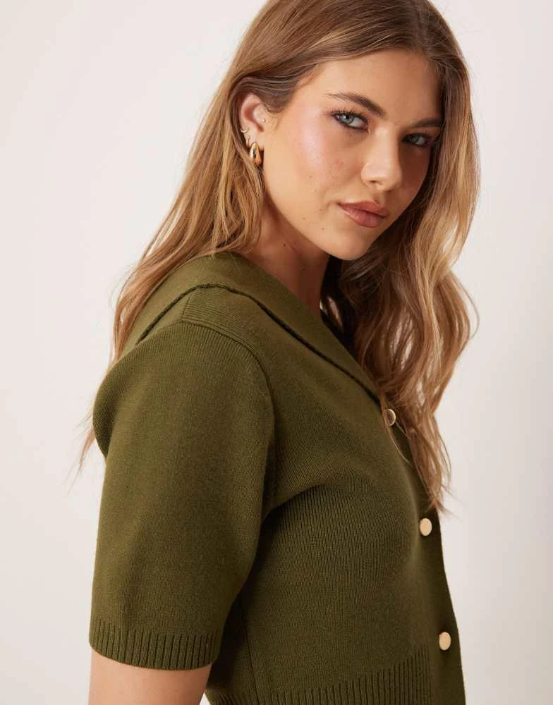 ASOS ASOS DESIGN short sleeve sailor collar cardigan in khaki 2