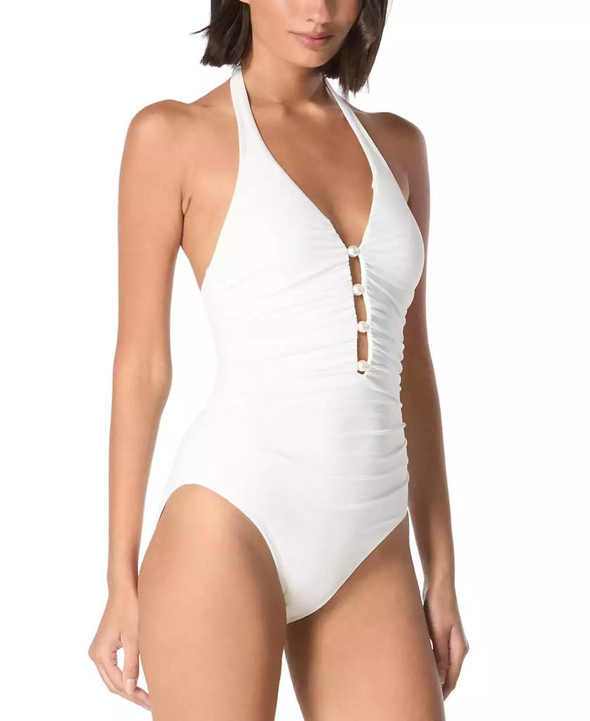 Carmen Marc Valvo Women's Beaded Plunging-Neck Swimsuit