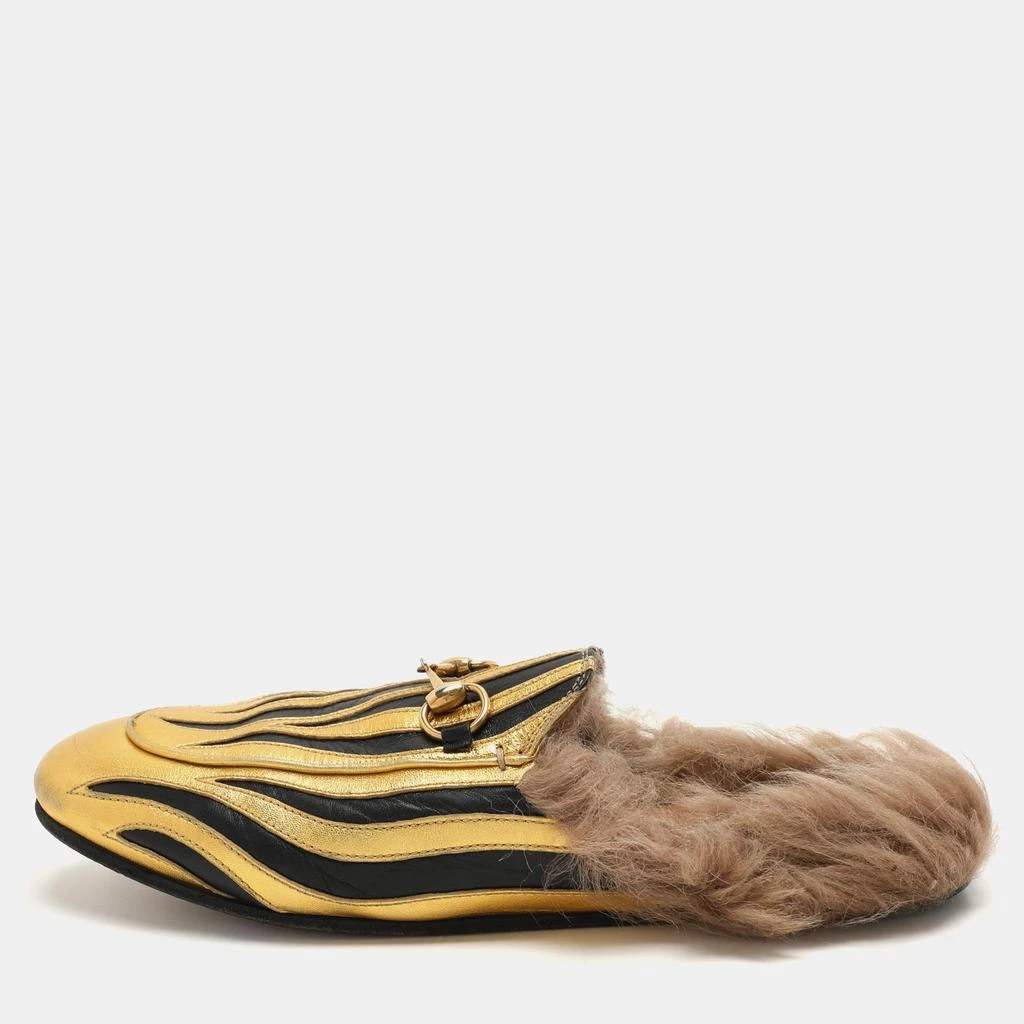 Gucci Gucci Gold/Black Leather Princetown Fur Lined Horsebit Mules Size 38 1