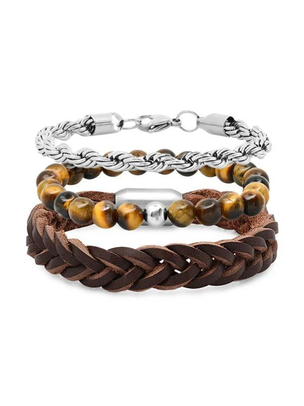 Anthony Jacobs 3-Piece Stainless Steel, Leather & Tiger Eye Bracelet Set 1
