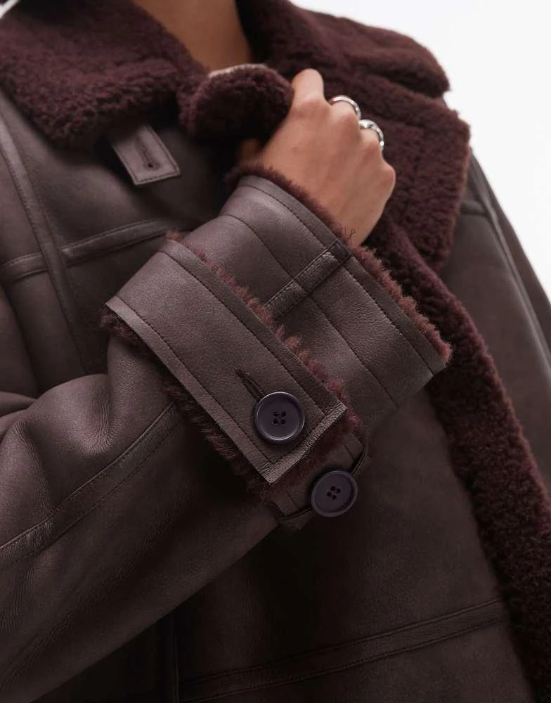 Topshop Topshop faux leather shearling long aviator jacket in burgundy 3