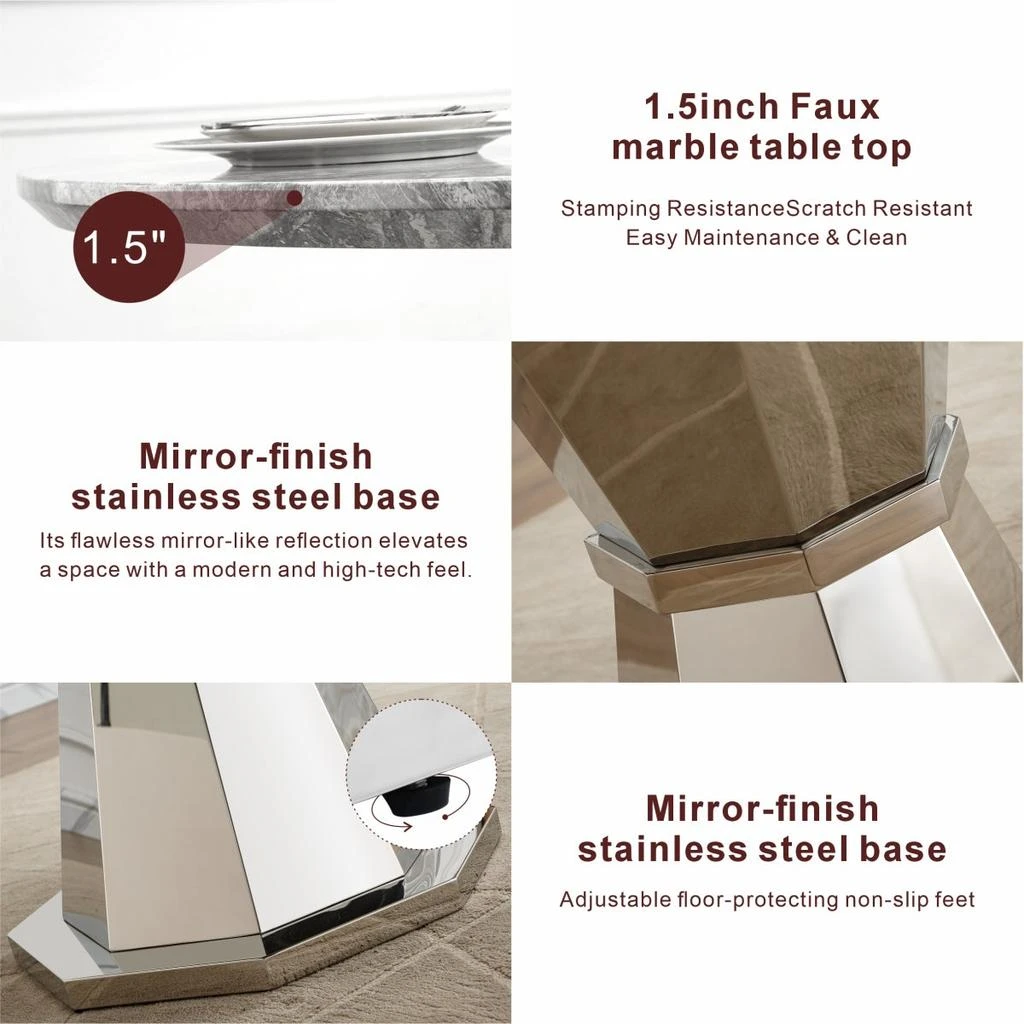 Streamdale Furniture Streamdale 47" Round Marble Dining Table with Stainless Steel Base (Sliver, Gray) 2