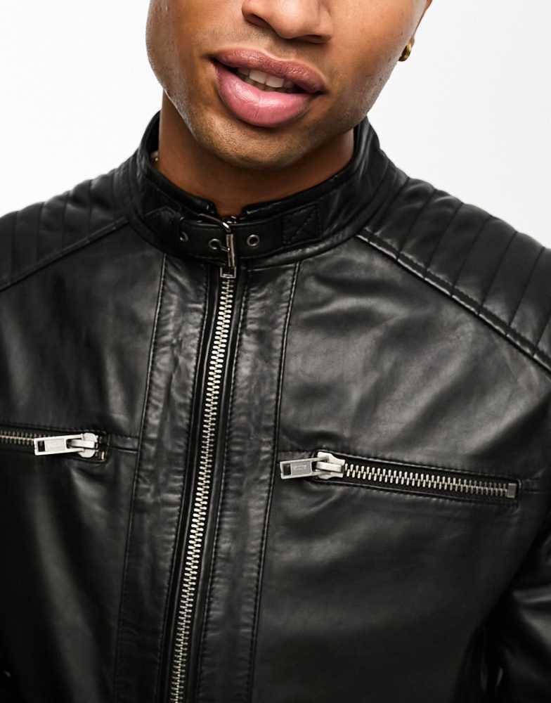 Shop Barneys Originals real leather racing jacket with zip pockets