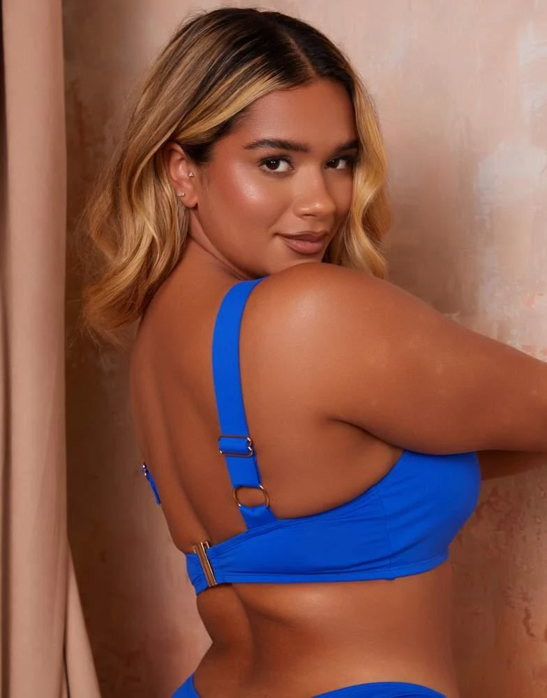 Wolf & Whistle Wolf & Whistle X Natalie Gessey Fuller Bust  bikini top in colbalt blue with knot detail straps 2