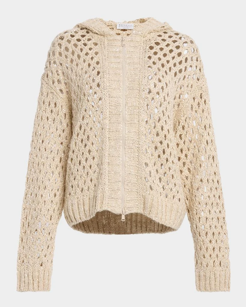 Brunello Cucinelli Linen Silk Paillette Open-Knit Zip Jacket