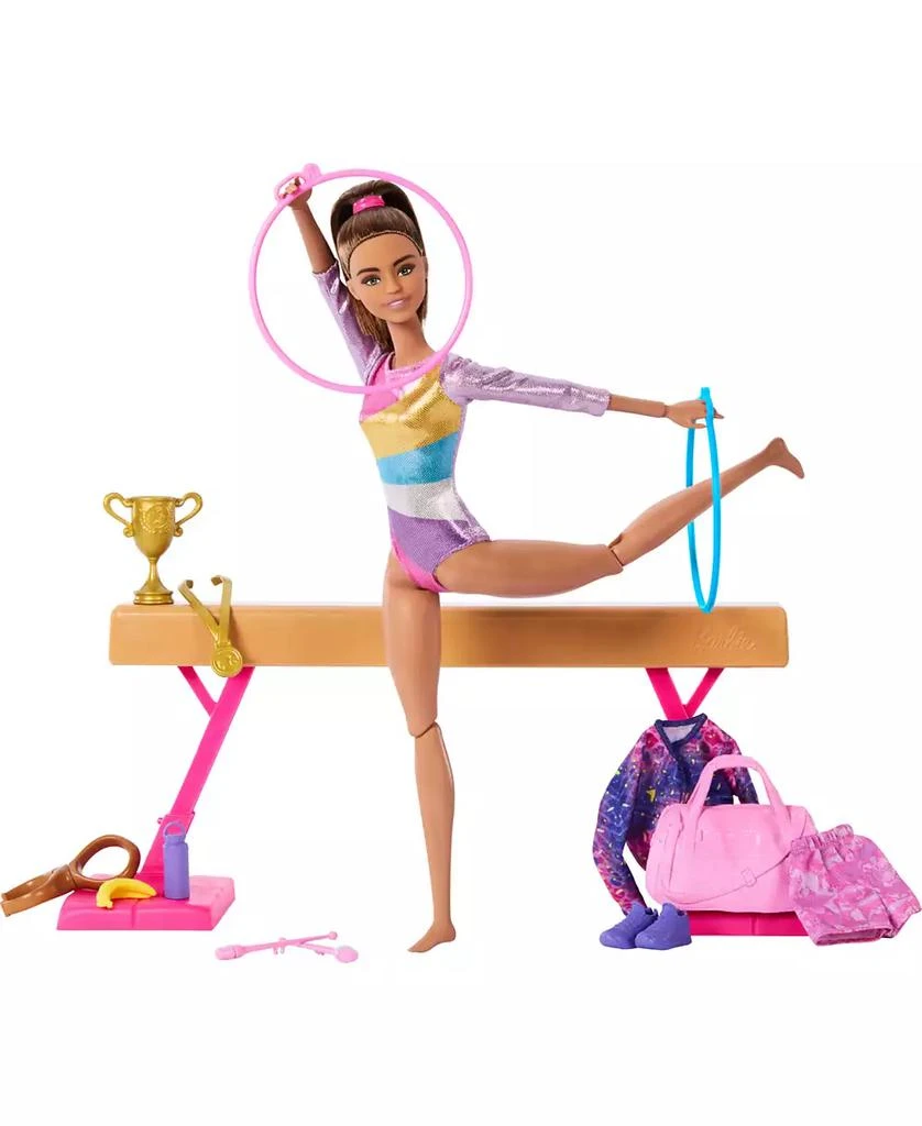 Barbie Gymnastics Play Set with Brunette Fashion Doll, Balance Beam, 10 Plus Accessories and Flip Feature 1