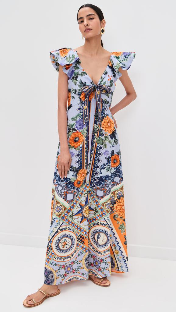 Camilla Tie Front Frill Sleeve Long Dress