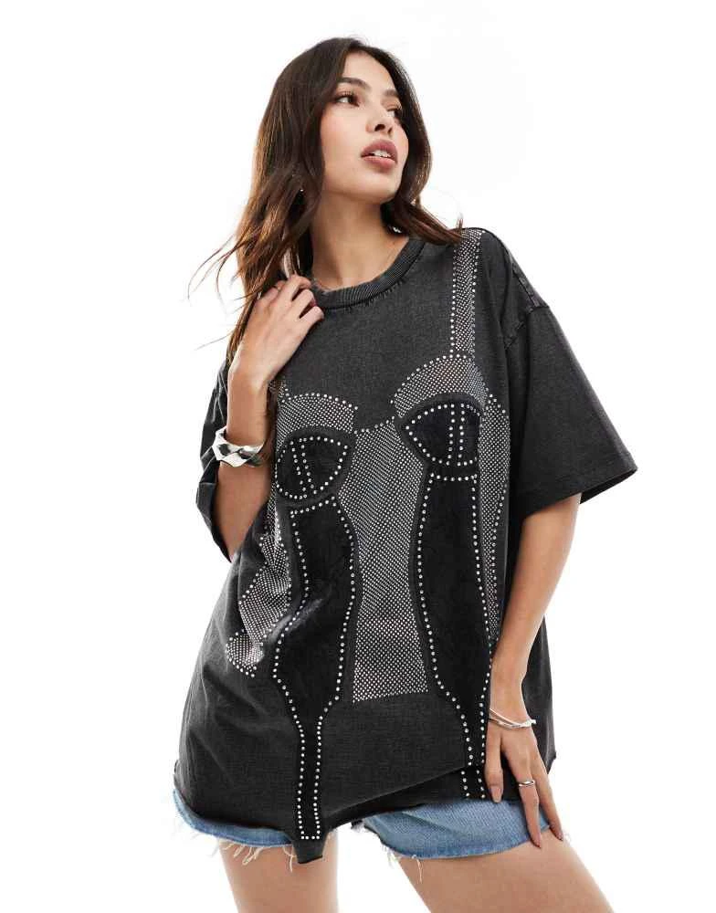 ASOS ASOS DESIGN oversized t-shirt with corset applique graphic in washed charcoal 1