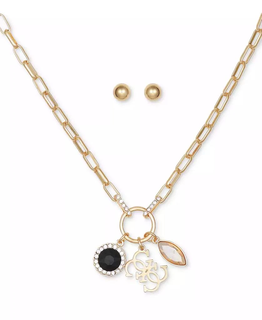 GUESS Gold-Tone Chain Necklace with Multi Accent Charms and Stud Earring Jewelry Set 2