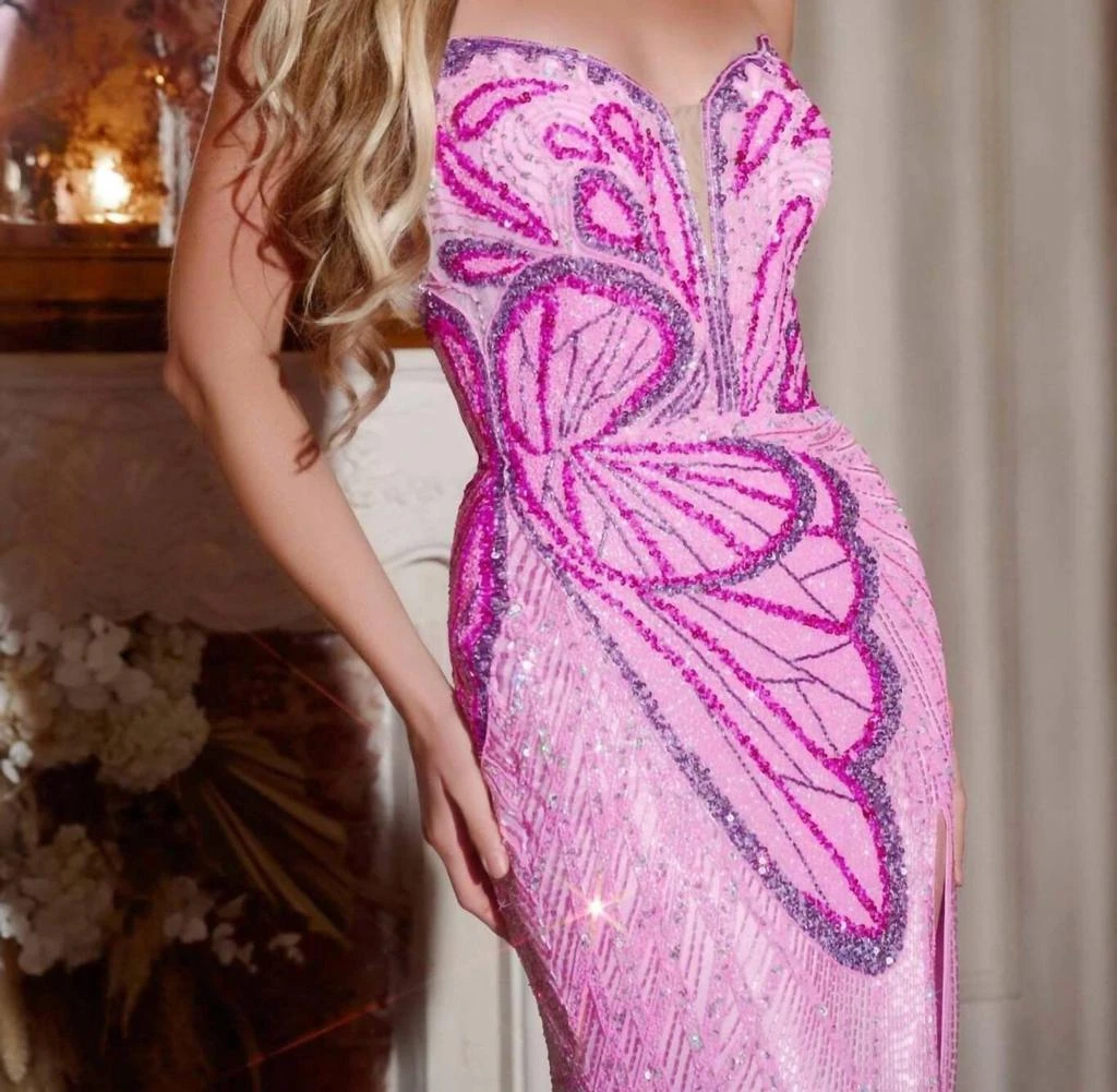 Jovani Jovani - Strapless Sequin With High Slit Dress 2