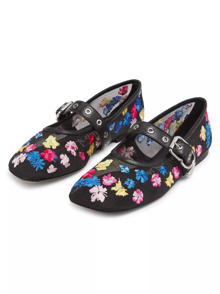 3.1 Phillip Lim Flowerworks Floral-Embroidered Mesh Mary Jane Flats