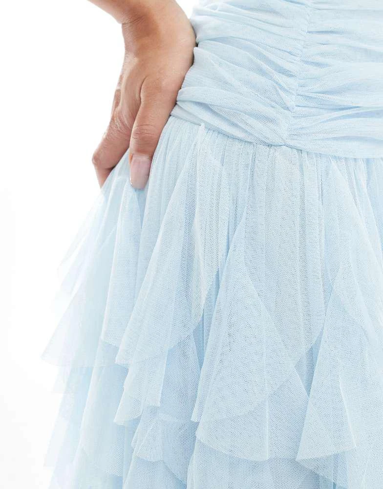 Lace & Beads Lace & Beads Bridesmaid one shoulder waterfall ruffle maxi dress in powder blue 3