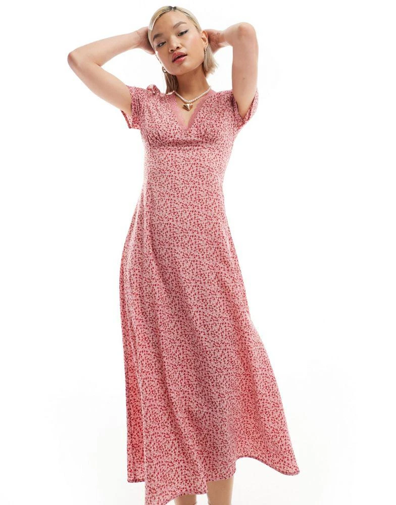 Glamorous Glamorous v neck lace trim midi tea dress in pink ditsy floral 1