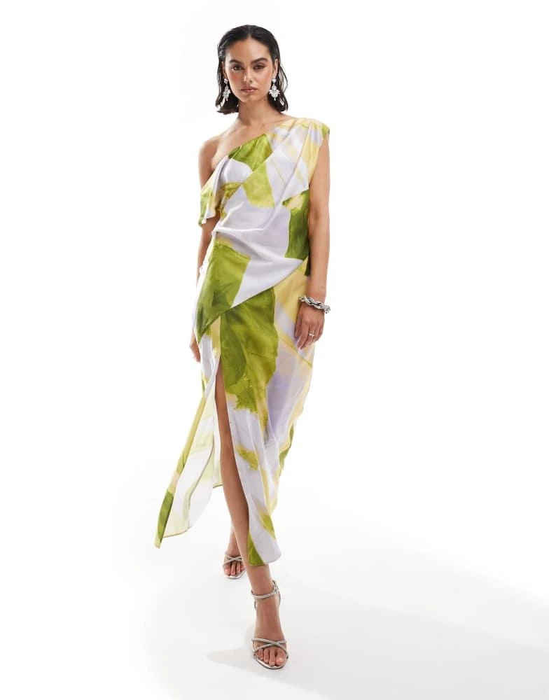 ASOS ASOS DESIGN satin off shoulder draped midi dress with split in lilac camo print 1
