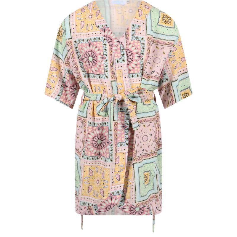 Dalai Kids Oriental print beach kimono in pink yellow and green