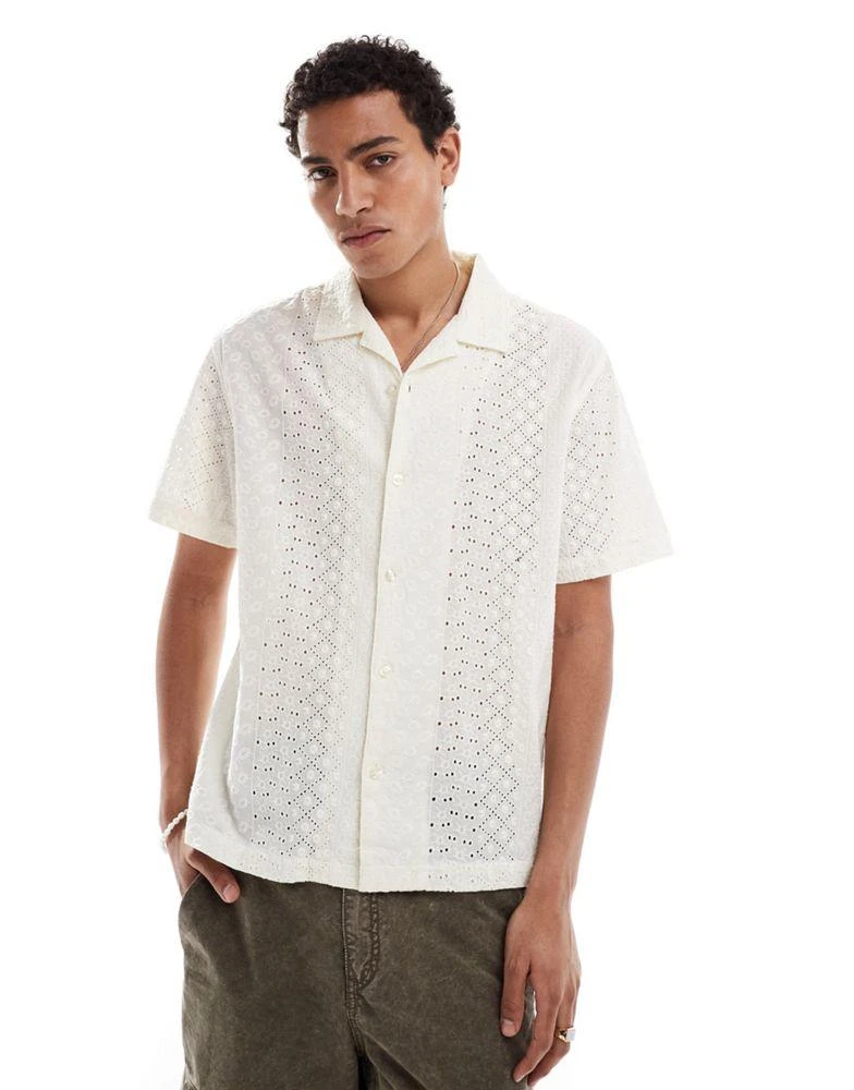 Guess Originals Guess Originals short sleeve revere collared eyelet shirt in off white 1
