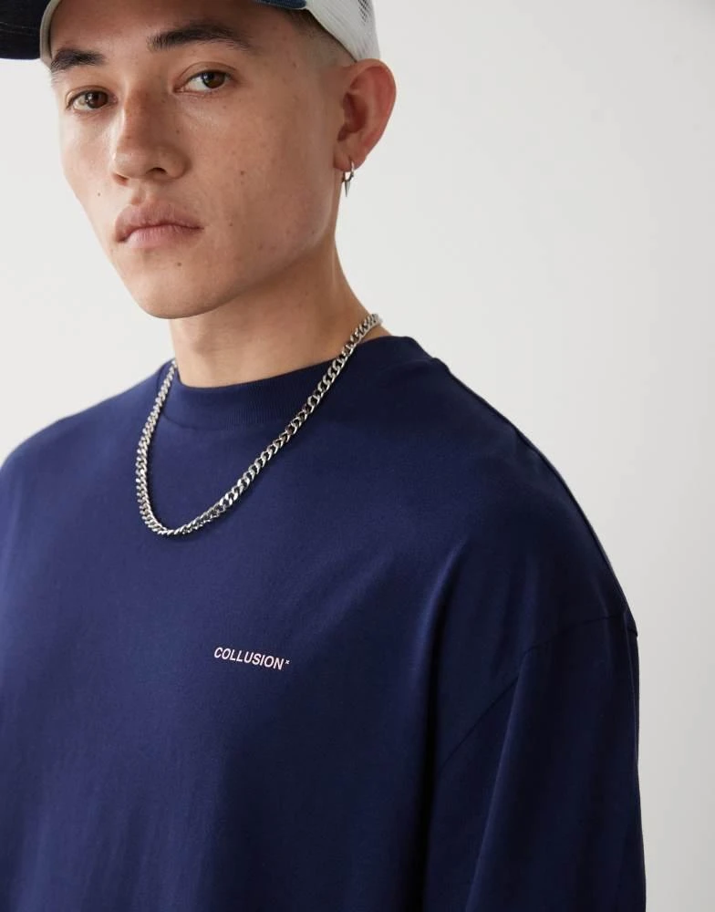 COLLUSION COLLUSION long sleeve t-shirt in navy with pink logo print 2
