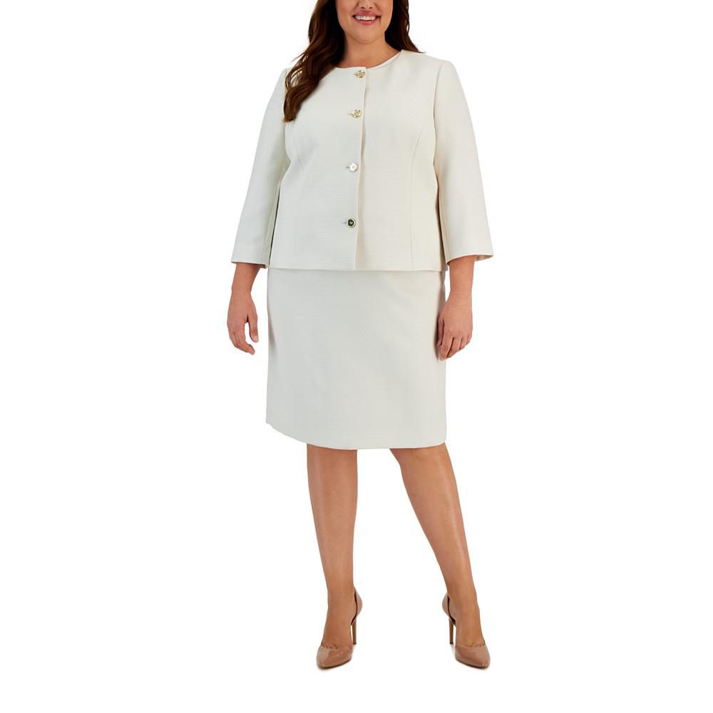 Le Suit Plus Size Tweed Button-Up Pencil Skirt Suit