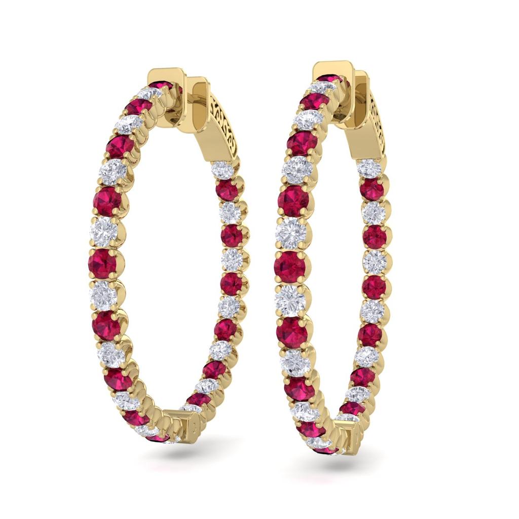 SSELECTS 5 Carat Ruby And Diamond Hoop Earrings In 14 Karat Yellow Gold, 1 1/4 Inch