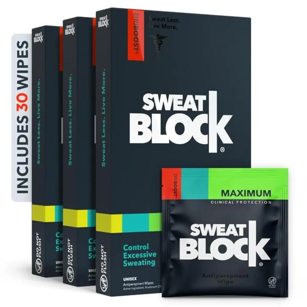 SweatBlock SweatBlock Antiperspirant Wipes - Maximum Clinical Strength - Treat Hyperhidrosis & Excessive Sweating for Men, Women, & Teens - up to 7 Days Protection Per Wipe - Dermatologist Tested - 30 Wipes