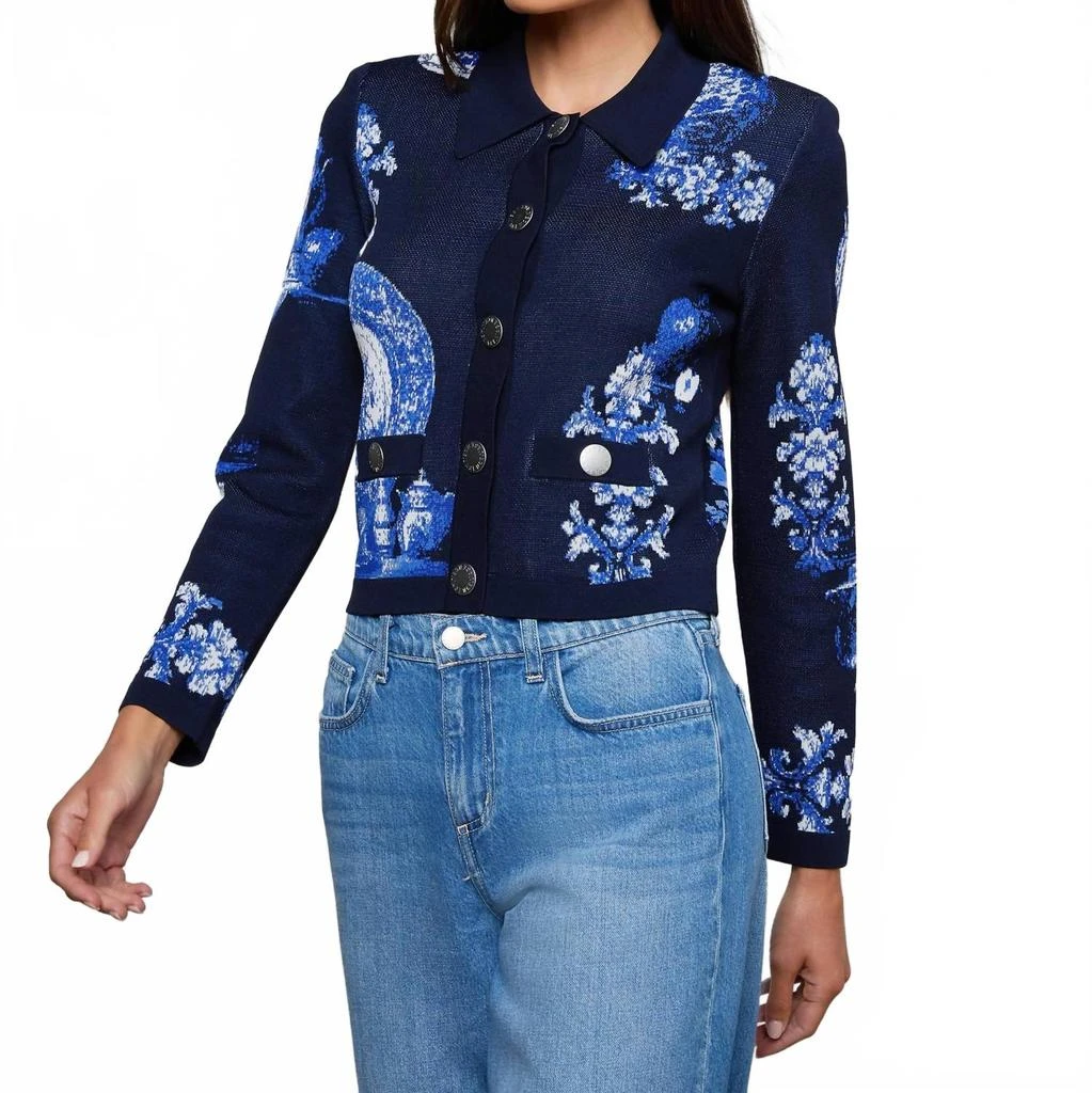 L
Agence Osiris Jacquard Cardigan In Black/blue Porcelain Print 4