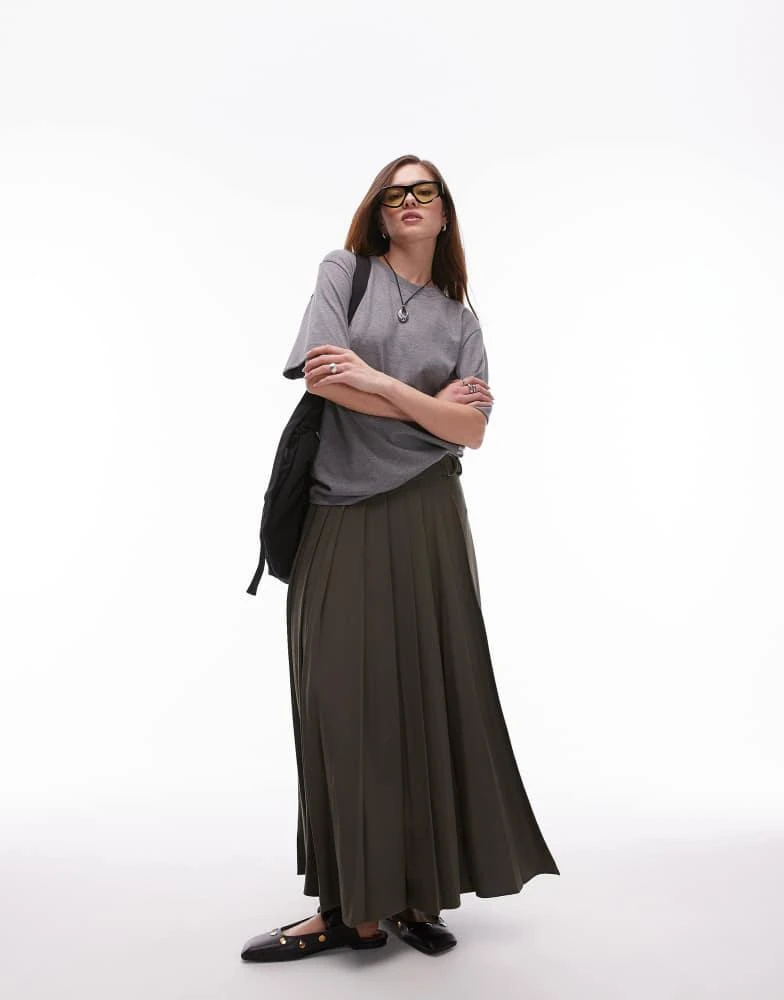 Mango Mango split side pleated midi skirt in khaki 1