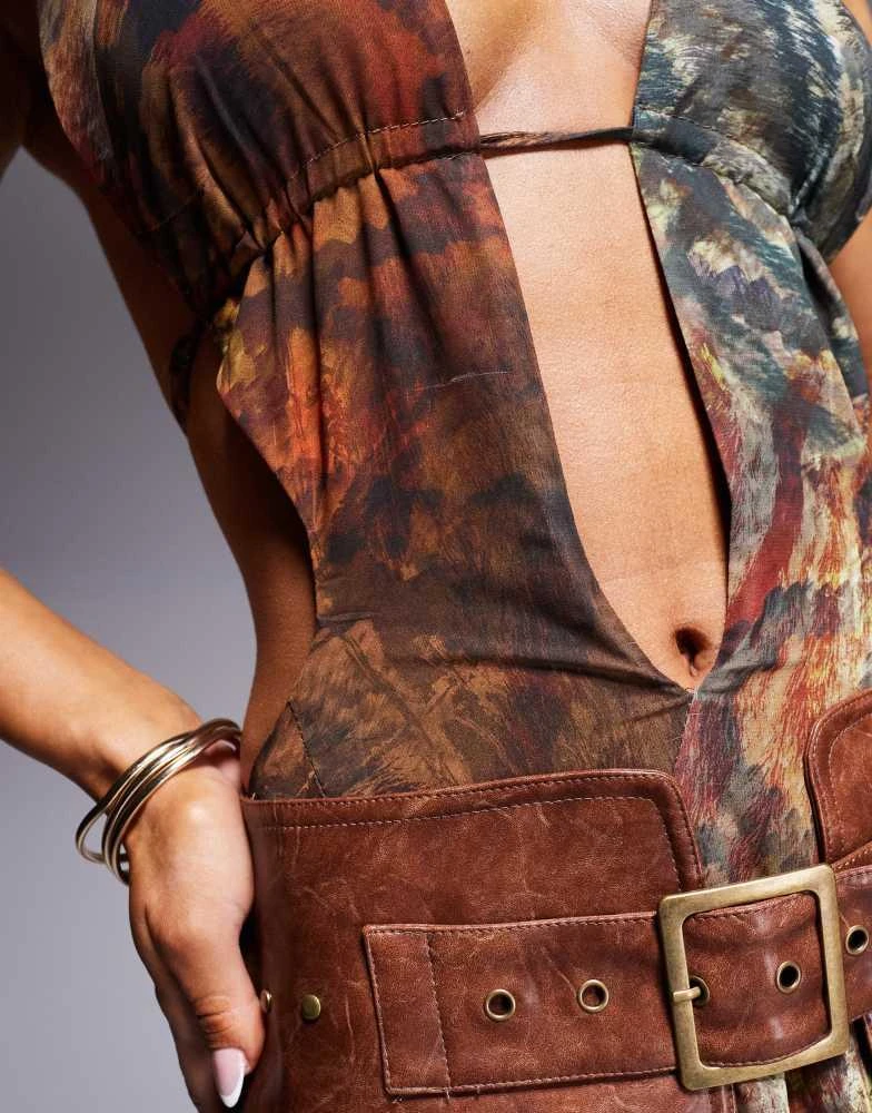 Murci Murci exclusive halterneck deep plunge maxi dress with leather look belt in snake print 2