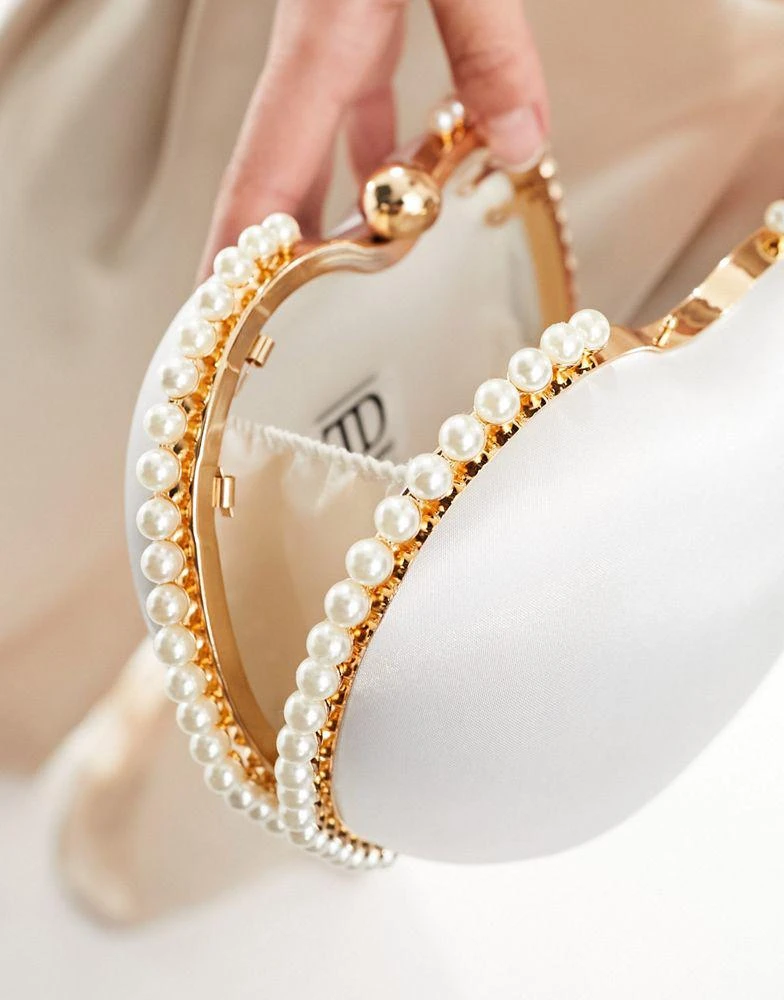 True Decadence True Decadence pearl trim heart clutch bag in white satin 2