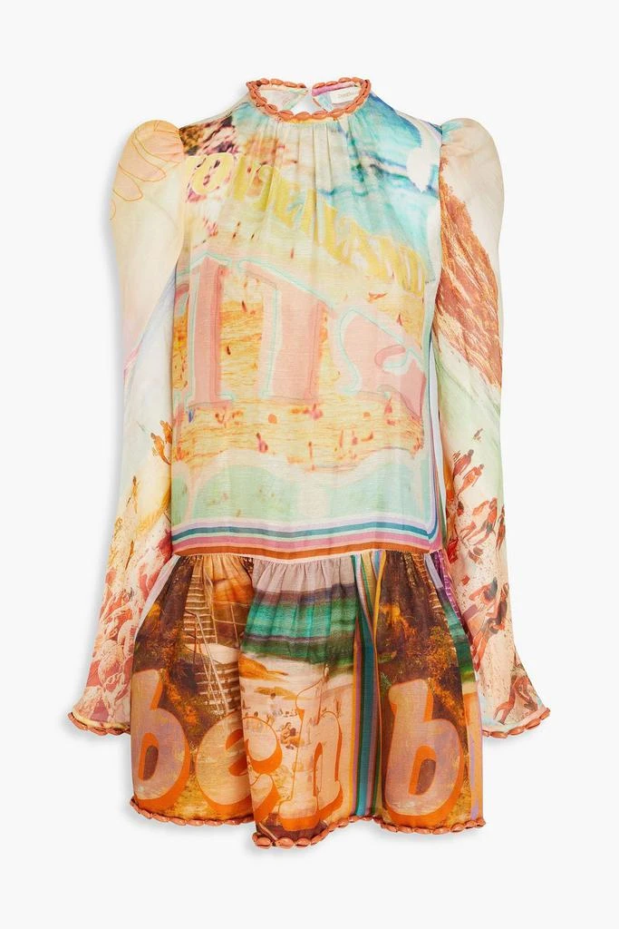 Shell-embellished printed linen and cotton-blend gauze mini dress Shell-embellished printed linen and cotton-blend gauze mini dress