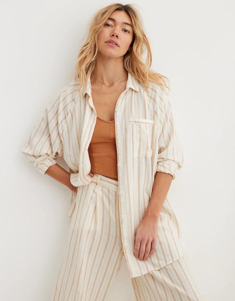 Aerie Aerie Pool-To-Party Linen Blend Cover Up Shirt