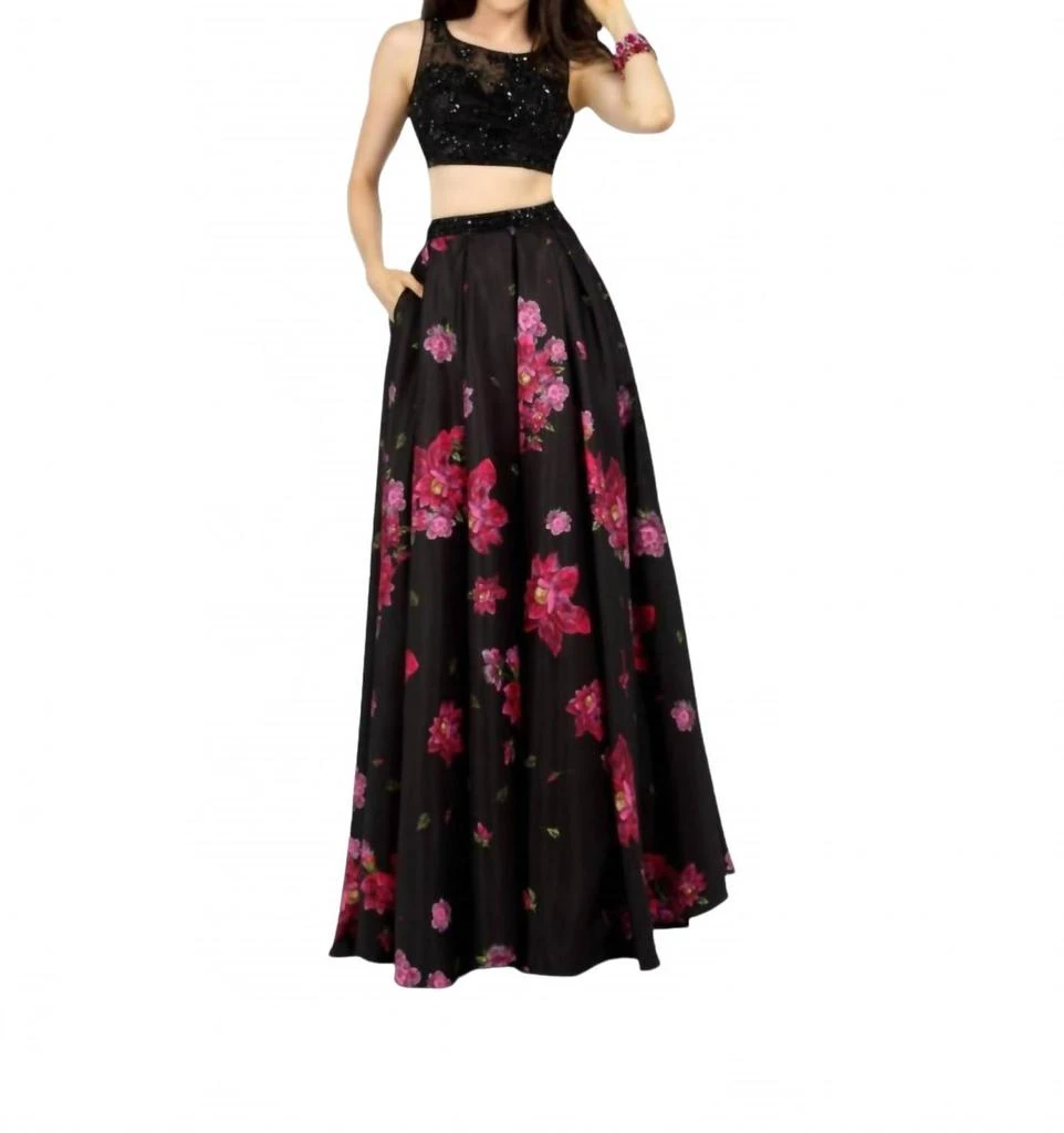 Karishma Creations Two-Piece Floral Evening Gown In Black Multi