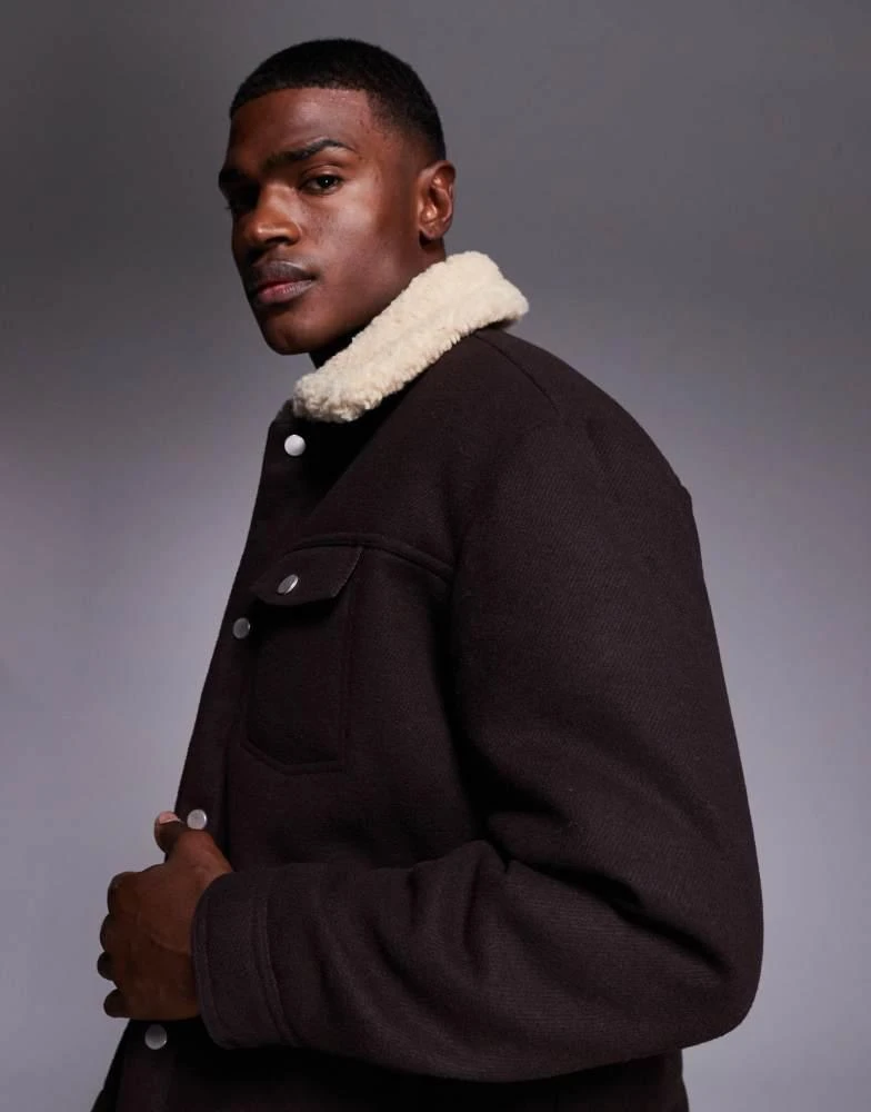 ASOS ASOS DESIGN relaxed wool look harrington jacket with borg lining in brown 4