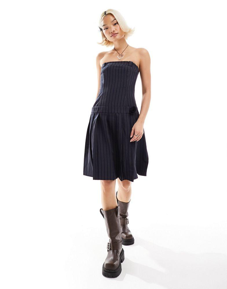 Motel Motel pinstripe bandeau midi kilt dress in navy