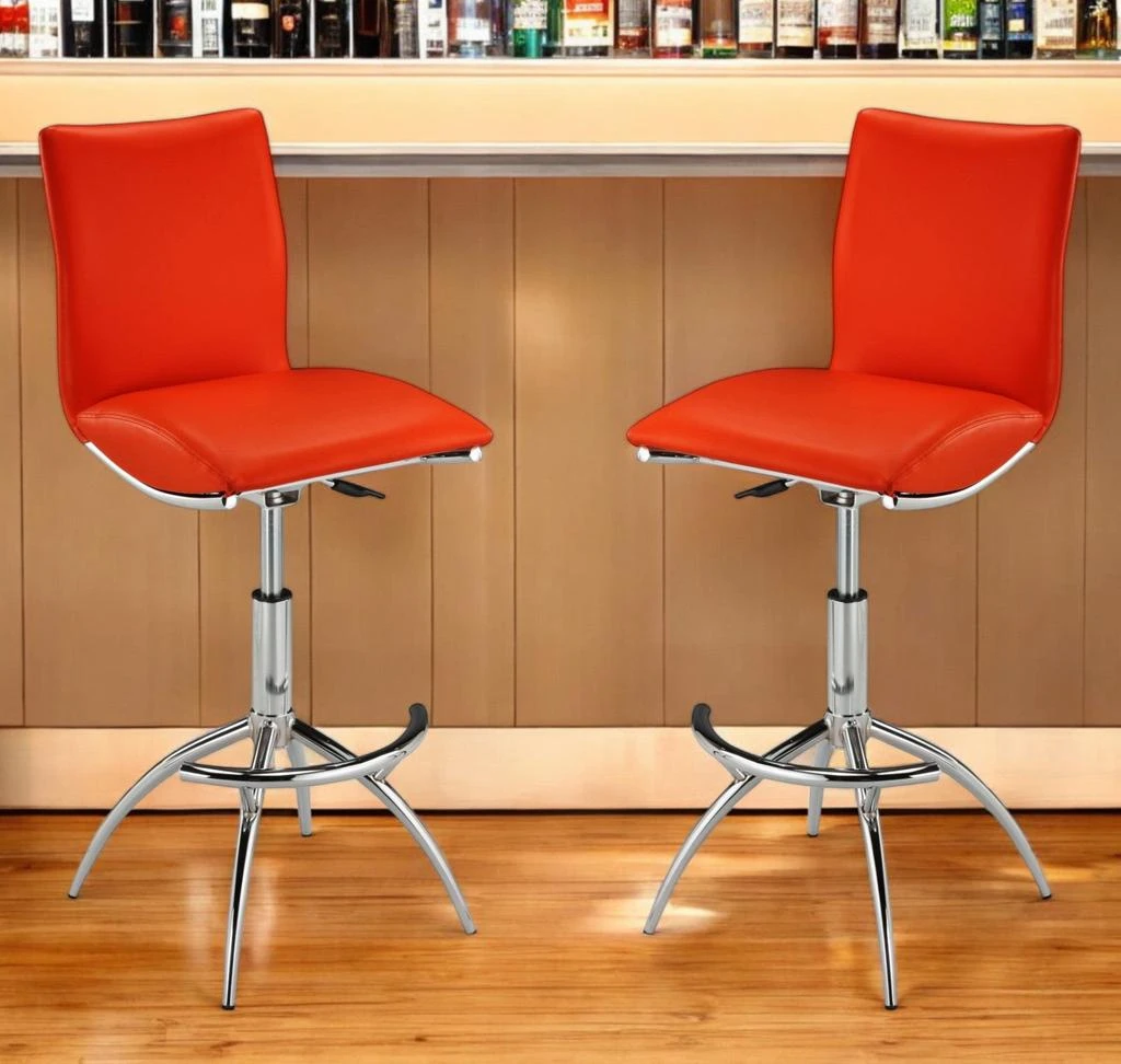 Hivvago Set of Two Red and Silver Faux Leather and Metal Low Back Adjustable Height Bar Chairs