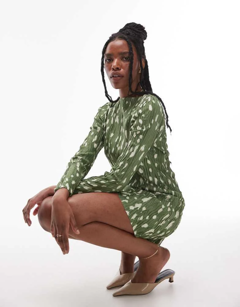 topshop green leopard print dress Petite Green Leopard Print High Neck Dress – Ro&Zo main image 0