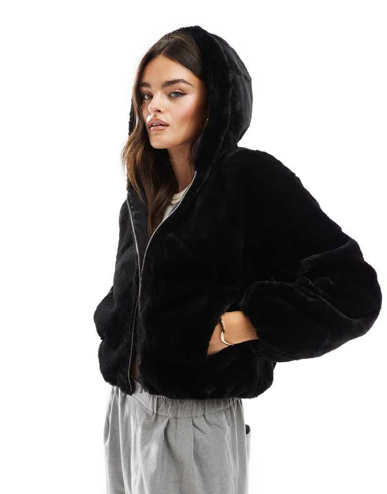 Bershka Bershka faux fur hooded jacket in black 1